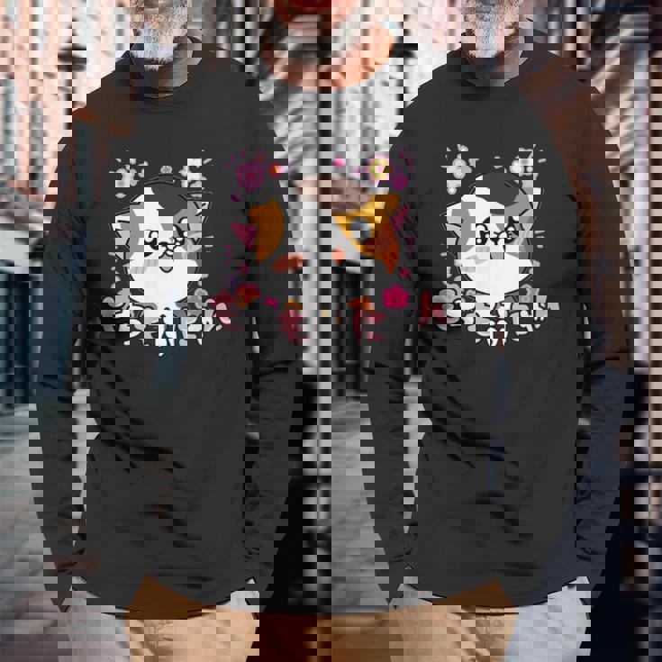 ねこ ユニークイラスト オリジナルキャラクター もちもふにゃん【Mochimofunyan】 長袖Tシャツ 高齢者への贈り物