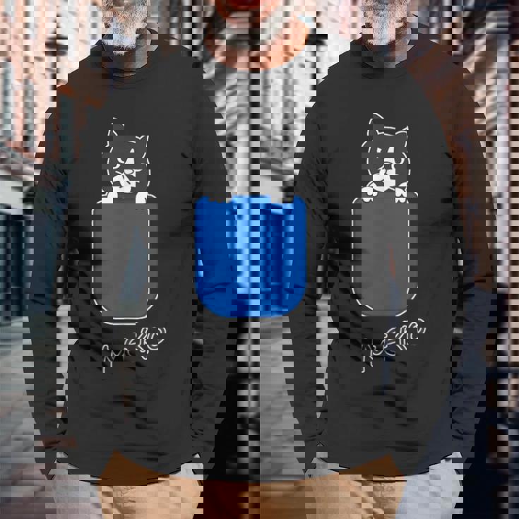 ねこさん『いん ざ ぽけっと』くびかしげ・ハチワレ 猫【どうぶつフレンズ】フキゲンネコ ゆるくて かわいい イラスト 長袖Tシャツ 高齢者への贈り物