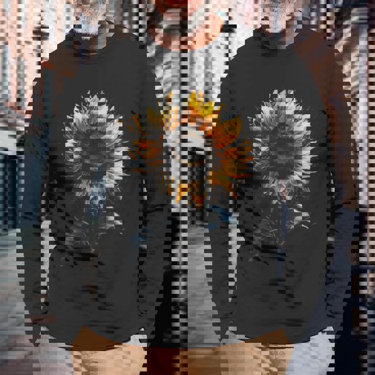 ひまわり ボタニカル 自然 アート フラワーガーデン ギフト 長袖Tシャツ 高齢者への贈り物