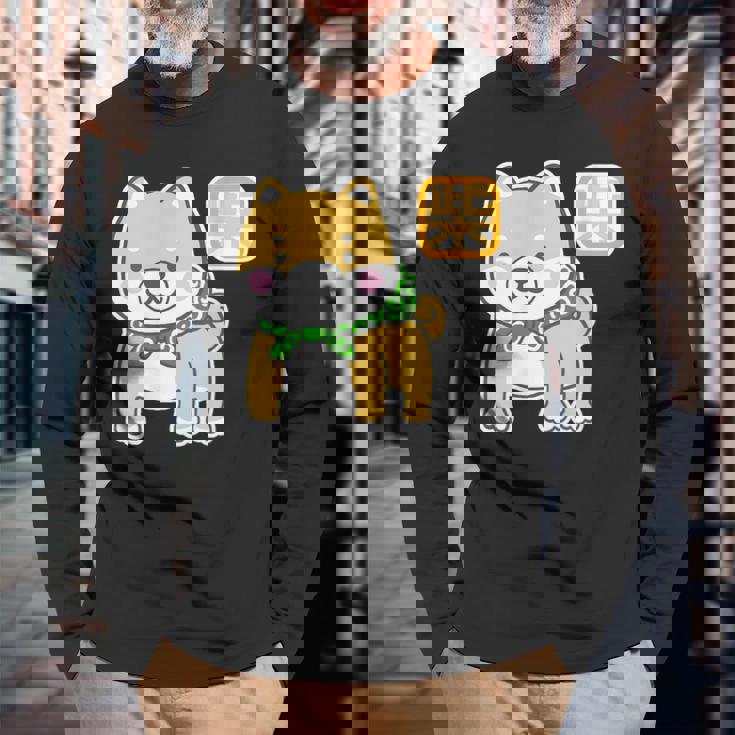 まめしばくん《唐草袋》 柴犬【どうぶつフレンズ】豆柴 ゆるくて かわいい 面白い 動物 キャラクター イラスト 長袖Tシャツ 高齢者への贈り物