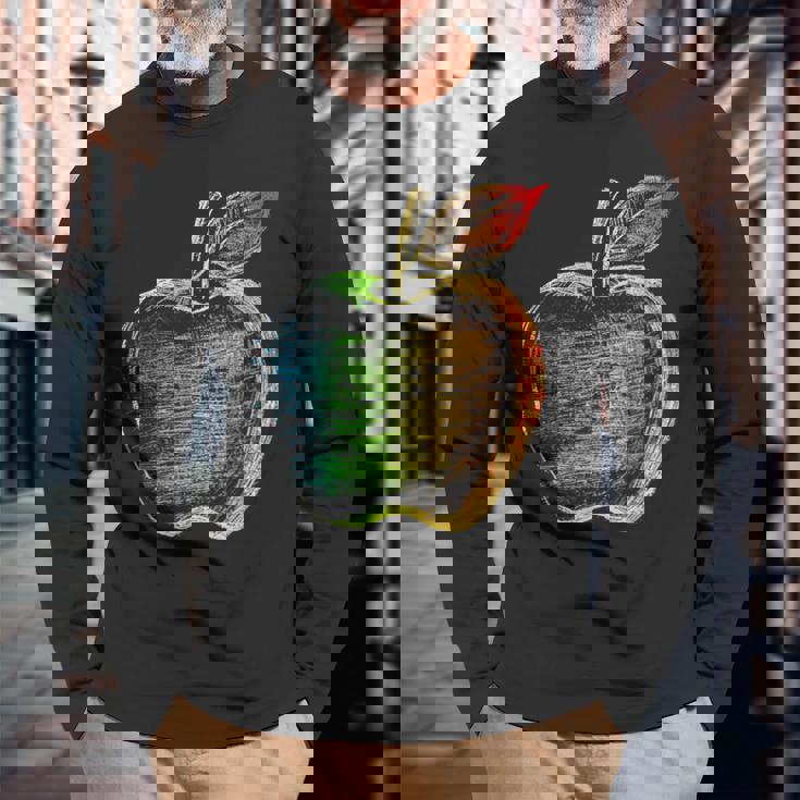 りんご フルーツ ドローイング アート カラフル モチーフ アップル 長袖Tシャツ 高齢者への贈り物