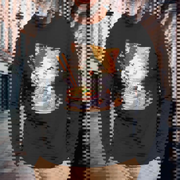 わがまま猫 ねこ ラーメン好き かわいい おもしろ マンガ 長袖Tシャツ 高齢者への贈り物