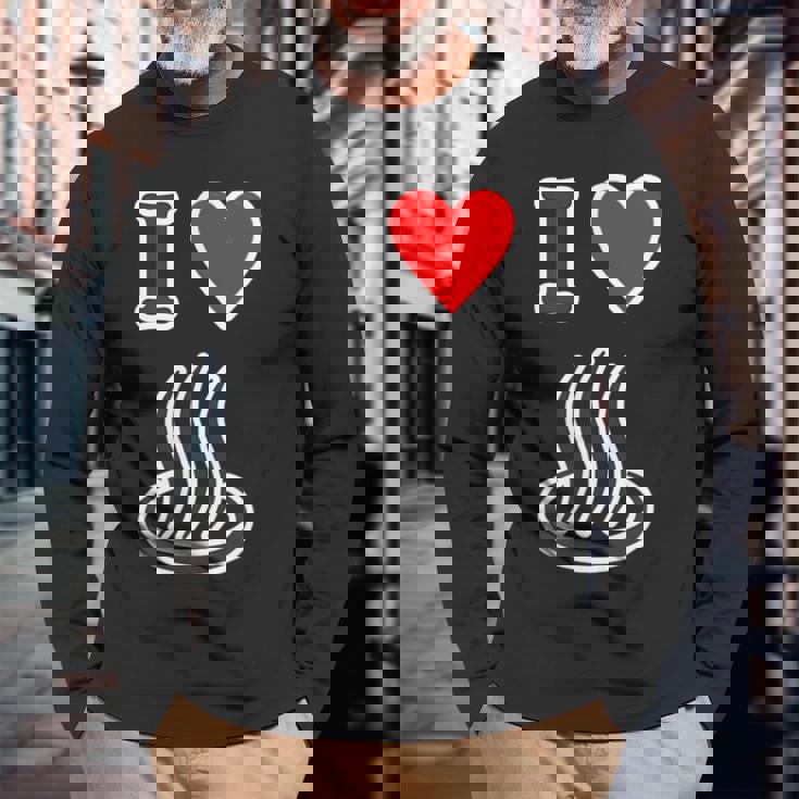 アイラブ・温泉 温泉マーク お風呂 銭湯 記号 お土産 旅行 ハート スタッフ メッセージ・面白 長袖Tシャツ 高齢者への贈り物