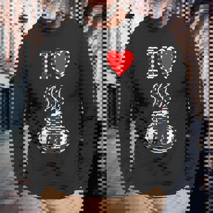 アイラブ・湯 イラスト【温泉】お風呂 マーク 銭湯 記号 ハート お土産 旅行 メッセージ・面白い デザイン 長袖Tシャツ 高齢者への贈り物