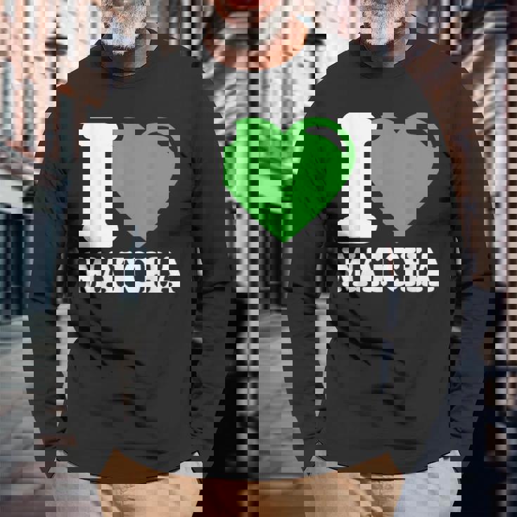 アイラブ抹茶キュートファニー抹茶ハート付き抹茶 長袖Tシャツ 高齢者への贈り物