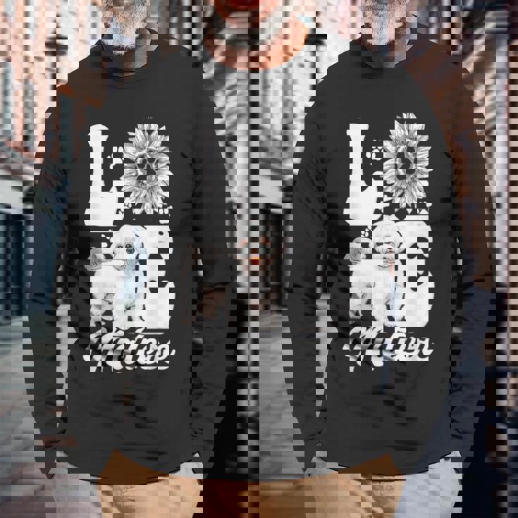 アイ・ラブ・マルチーズ・ドッグ・オーナー・ファニー・ポー・プリント・サンフラワー・ラバー 長袖Tシャツ 高齢者への贈り物