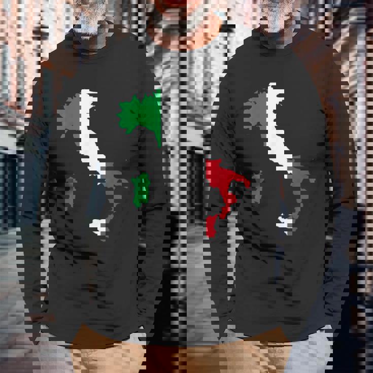 アウトライン イタリア 赤 白 緑 ストライプ 地図 長袖Tシャツ 高齢者への贈り物