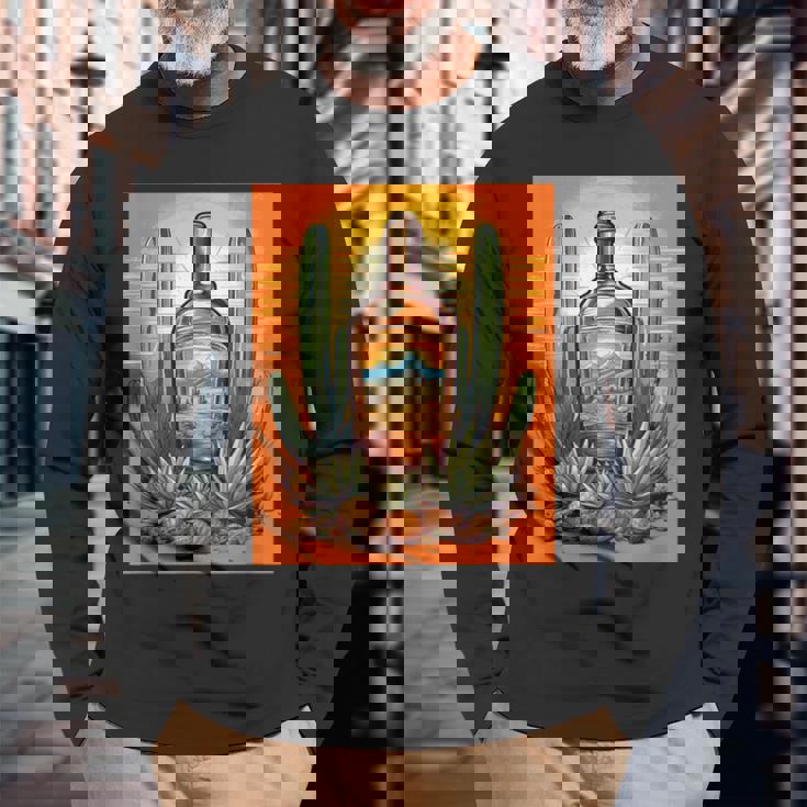 アガベ植物 テキーラボトル メキシカン メズカル アルコール ドリンク 長袖Tシャツ 高齢者への贈り物