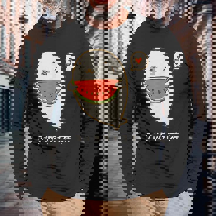 アザラシ 海豹 すいか スイカ大好き アザラシ かわいい イラスト アザラシ好き スイカ イラスト 手書き 長袖Tシャツ 高齢者への贈り物