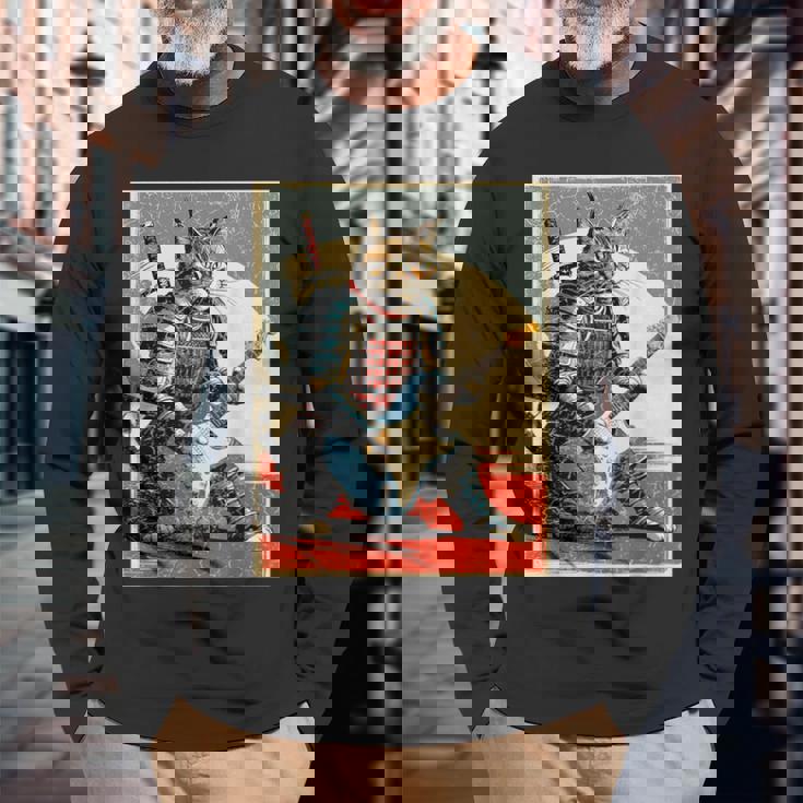 アニメ 日本の侍猫 エレキギターを弾くアートワーク 長袖Tシャツ 高齢者への贈り物