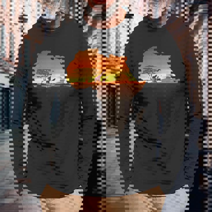 アフリカ キリン サバンナ サンライズ タンザニア ケニア アフリカ 長袖Tシャツ 高齢者への贈り物