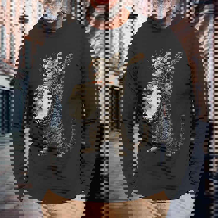 アメリカンショートヘアキャット ブルーグラス バンジョープレイヤー 長袖Tシャツ 高齢者への贈り物