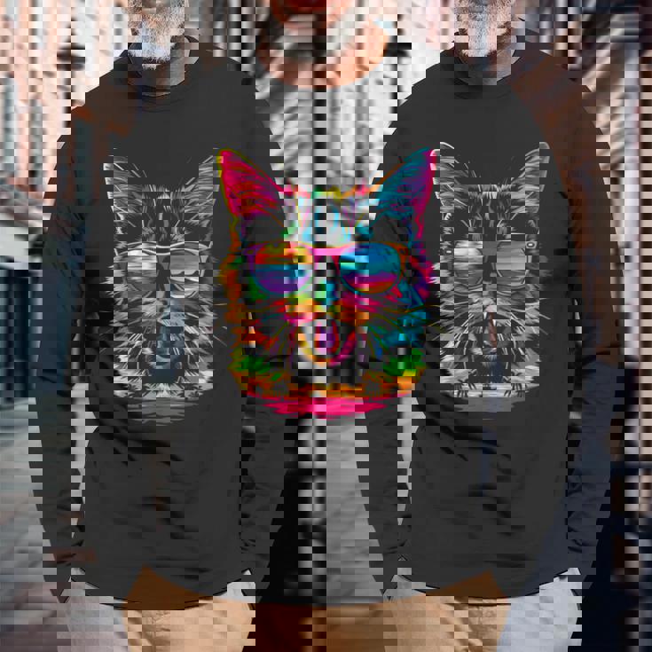 アメリカンショートヘアドッグサングラスポップアート 長袖Tシャツ 高齢者への贈り物