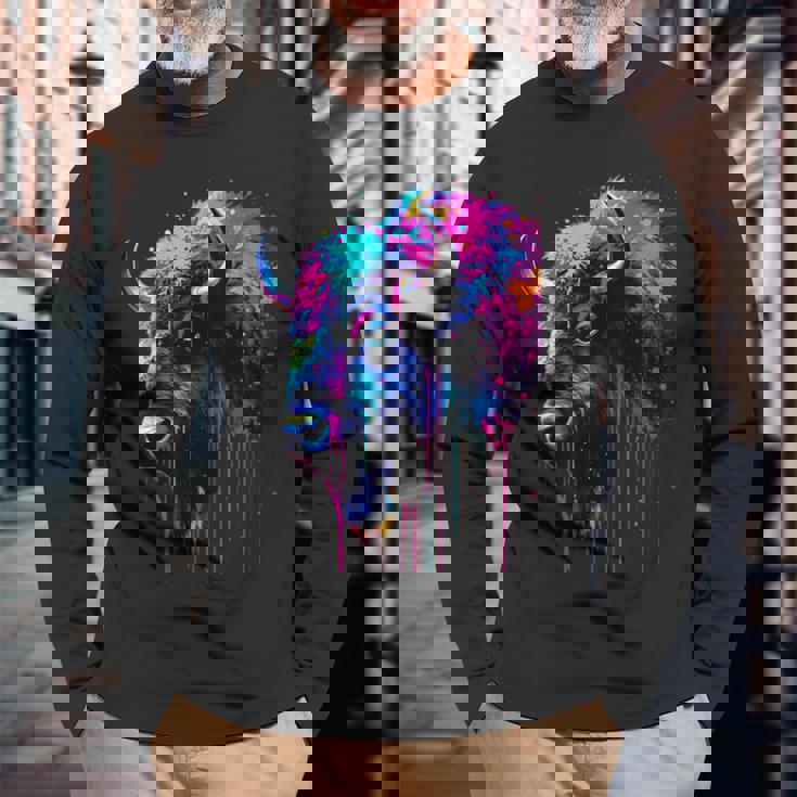 アメリカンバイソンカラーポップアート 美しいアメリカンバイソン愛好家 長袖Tシャツ 高齢者への贈り物