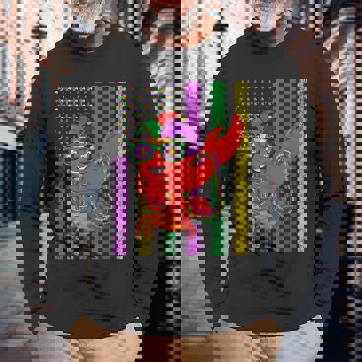 アメリカ国旗 マルディグラ ザリガニ ダビング 長袖Tシャツ 高齢者への贈り物