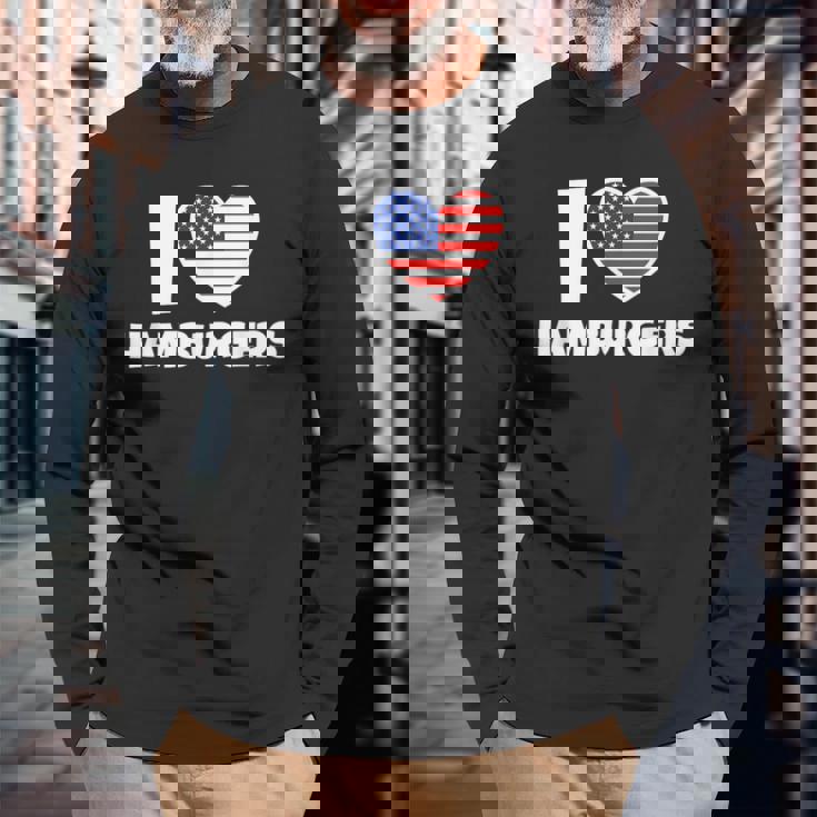 アメリカ国旗とハートのアイ・ラブ・ハンバーガー 長袖Tシャツ 高齢者への贈り物