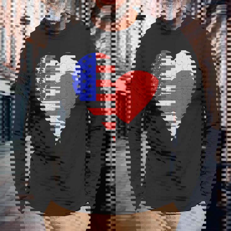 アメリカ日本国旗ハート 長袖Tシャツ 高齢者への贈り物