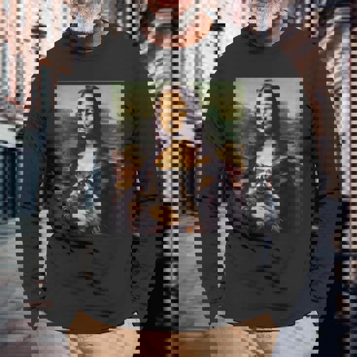 アライグマとモナリザ 長袖Tシャツ 高齢者への贈り物