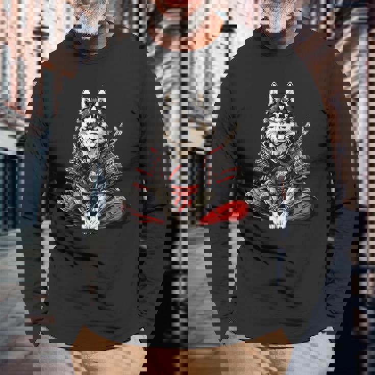 アラスカンマラミュート犬 和風 サムライ犬 長袖Tシャツ 高齢者への贈り物