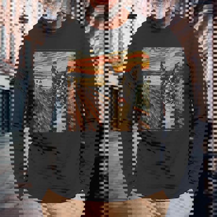 アート、面白いボストン テリア 長袖Tシャツ 高齢者への贈り物