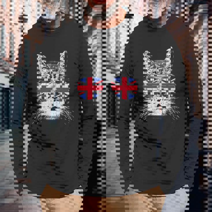 イギリス ユニオンジャック フラッグ イギリス 猫 イギリス 長袖Tシャツ 高齢者への贈り物