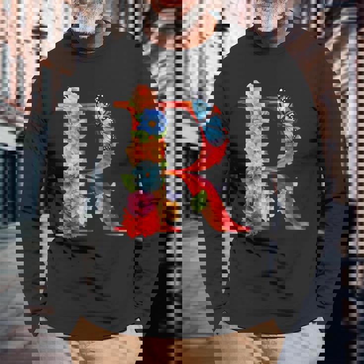 イニシャル R アルファベット バタフライ ローズ 花 水彩 モノグラム 長袖Tシャツ 高齢者への贈り物