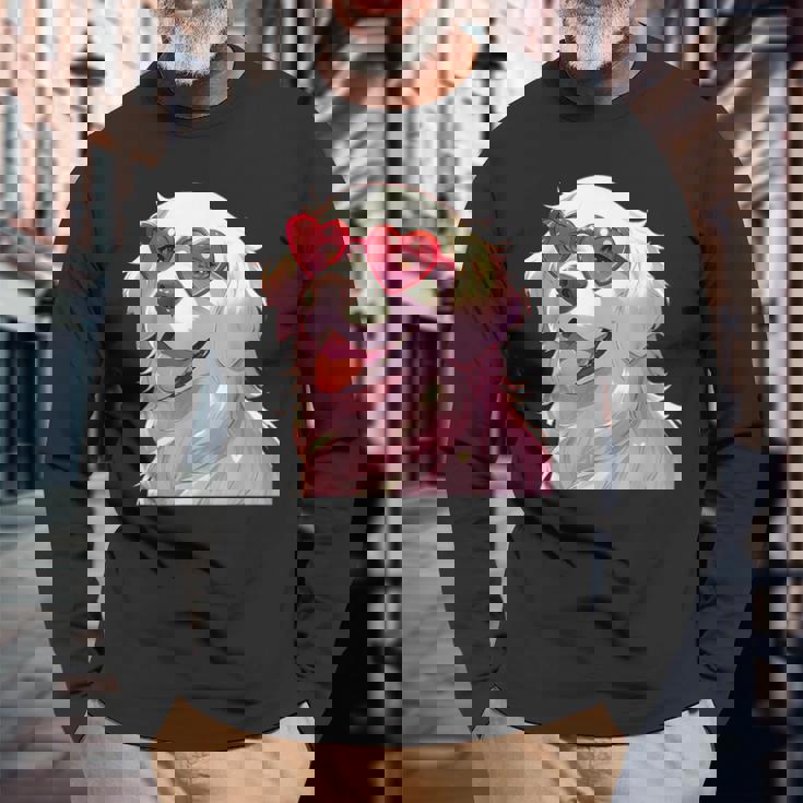 イングリッシュクリーム ゴールデンレトリバー ママギフト ハート メガネ ラブ 長袖Tシャツ 高齢者への贈り物