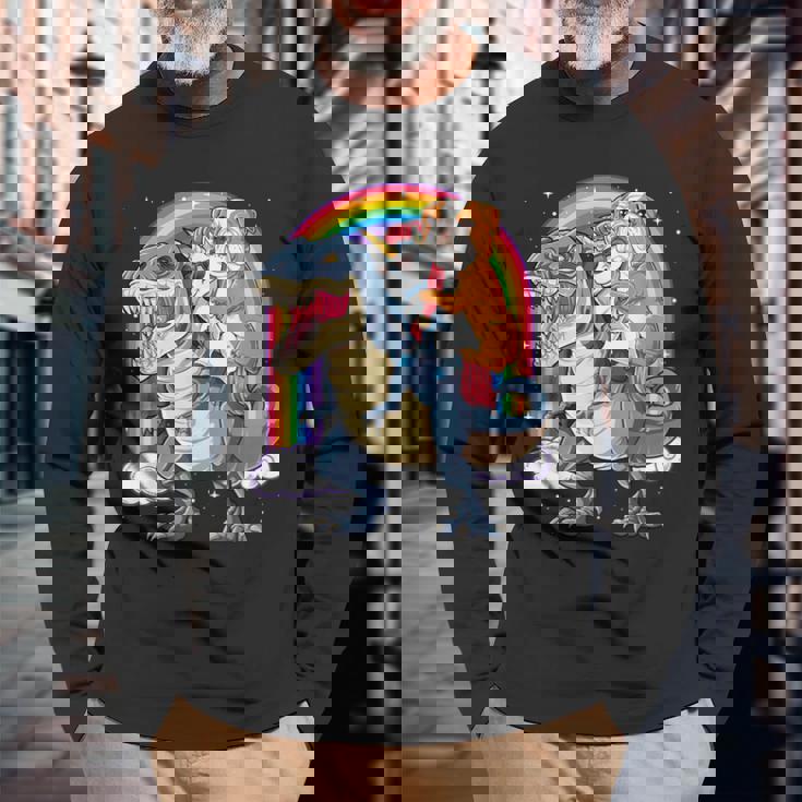 イングリッシュブルドッグ ユニコーン ライディング ダイナソー Tレックス ギフト メンズ レディース 長袖Tシャツ 高齢者への贈り物