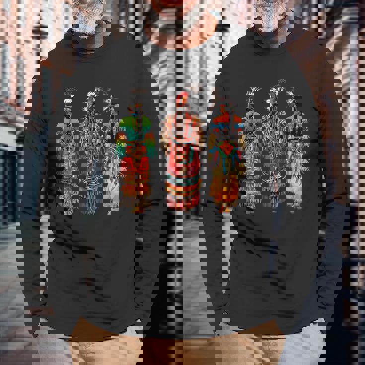 インディアン族 ネイティブアメリカン フェザーヘッドドレス インディアンチーフ 長袖Tシャツ 高齢者への贈り物