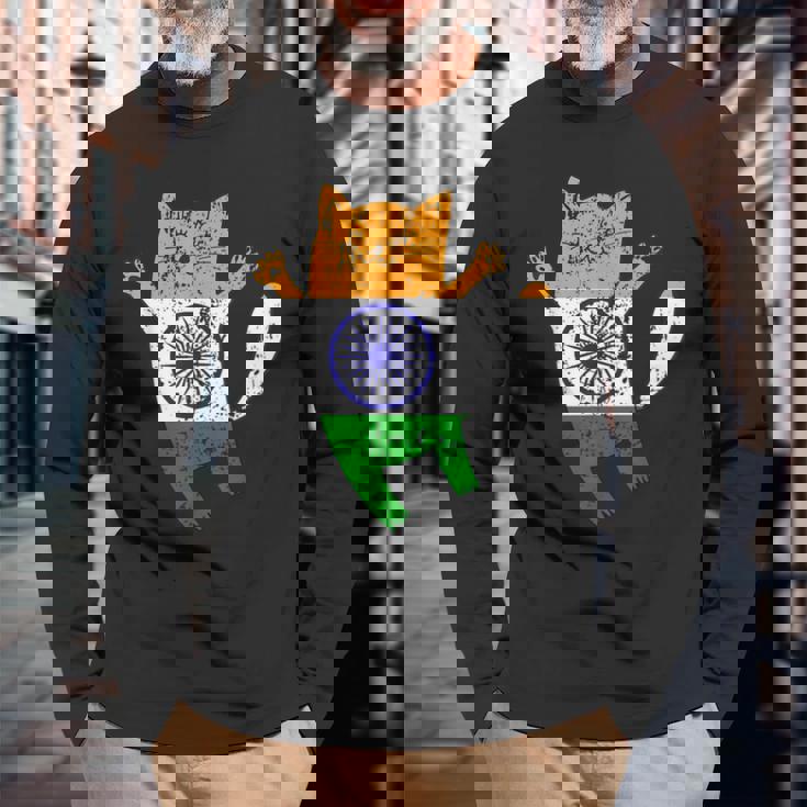 インド国旗 インド猫 長袖Tシャツ 高齢者への贈り物