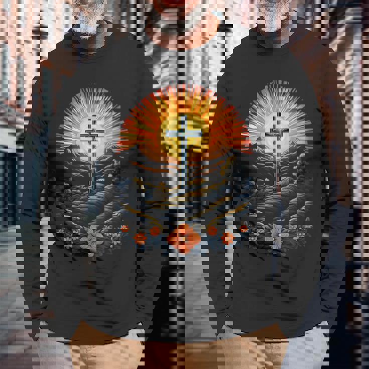 イースターデー クロスフラワー サンセット クリスチャン イースター 長袖Tシャツ 高齢者への贈り物