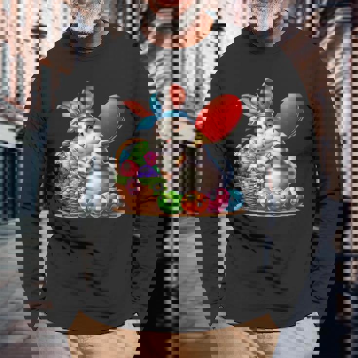 イースターバニー卓球ウサギイースターエッグ卓球 長袖Tシャツ 高齢者への贈り物