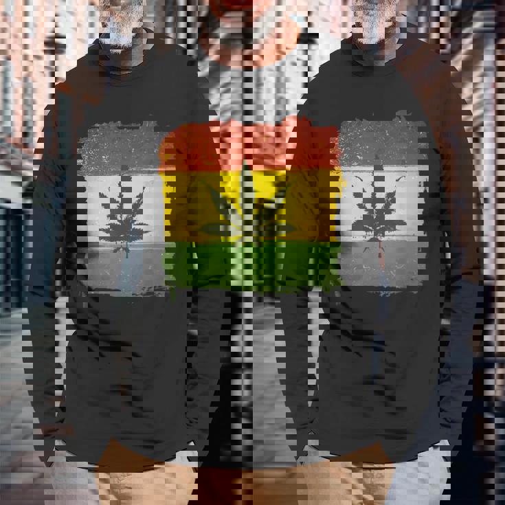 ウィード マリファナ ガンジャ リーフ ラスタ フラッグ 大麻 恋人 ギフト 長袖Tシャツ 高齢者への贈り物