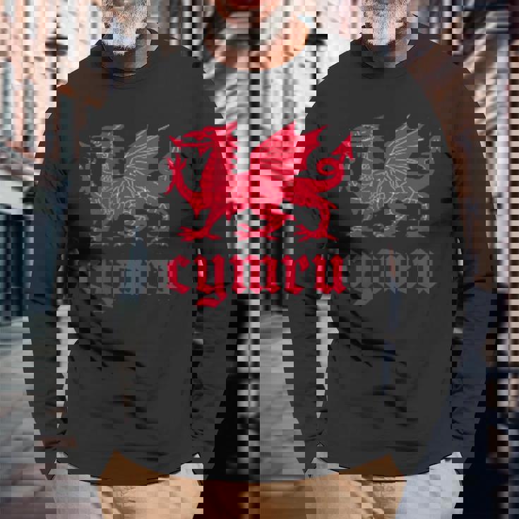 ウェールズ・ウェールズ・ウェールズ・シムレーグ・レッド・ウェールズ・ドラゴン 長袖Tシャツ 高齢者への贈り物