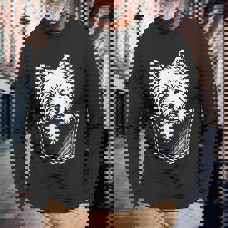 ウエスト ハイランド ホワイト テリア犬の覗くウェスティ デザイン 長袖Tシャツ 高齢者への贈り物