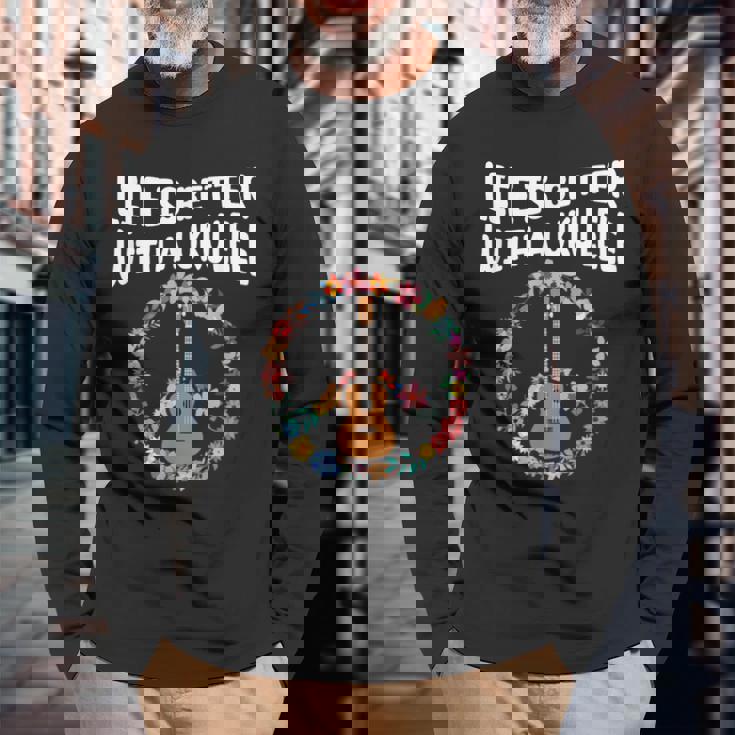 ウクレレで人生はもっと良い-ウクレレ愛好家 長袖Tシャツ 高齢者への贈り物