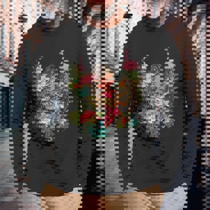 ウクレレフラガールティキバケーションハワイアンルアウビーチフラミンゴ 長袖Tシャツ 高齢者への贈り物