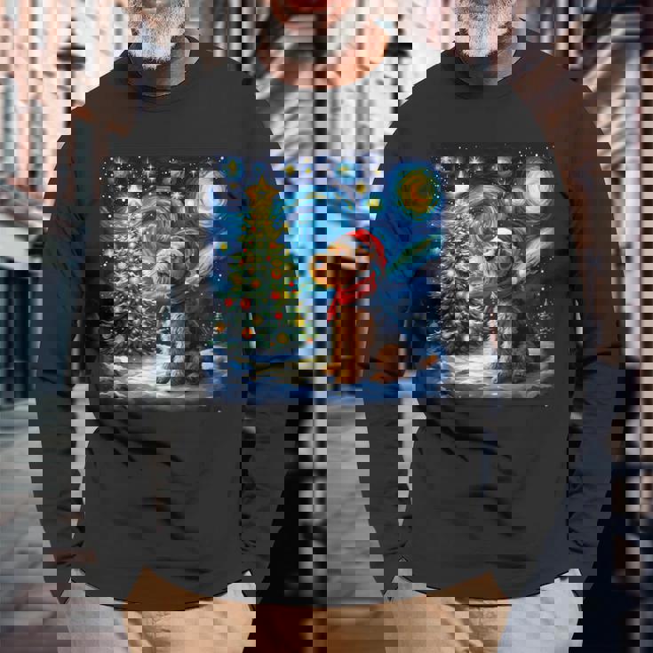 エアデール・テリア 星降る夜 クリスマス ゴッホ 犬の休日 長袖Tシャツ 高齢者への贈り物