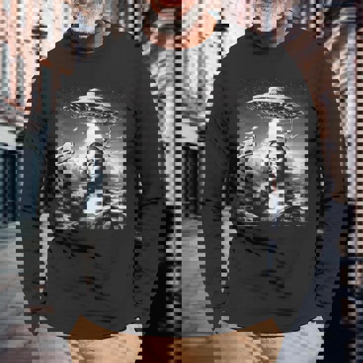 エイリアンufoモナリザと面白いセルフィー 長袖Tシャツ 高齢者への贈り物