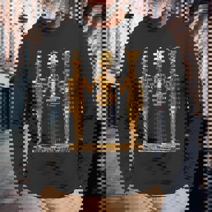 エジプト トリニティ ゴールデンホルス オシリスとイシスの像 長袖Tシャツ 高齢者への贈り物