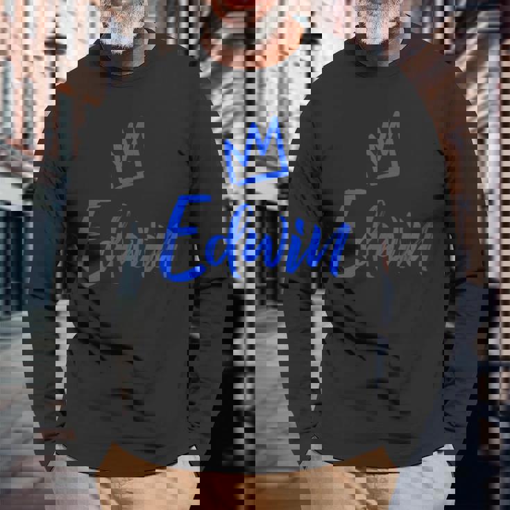 エドウィン ザ・キングブルークラウン&ネーム 男性用 エドウィンと呼ばれる 長袖Tシャツ 高齢者への贈り物