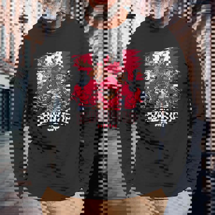 エルボーアップ カナダ カナディアン ビーバー ヘラジカ ホッケーチーム メープルリーフ 長袖Tシャツ 高齢者への贈り物