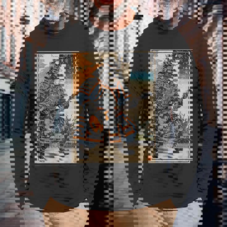 エレキギターを弾く日本の侍猫 浮世墨アート 長袖Tシャツ 高齢者への贈り物