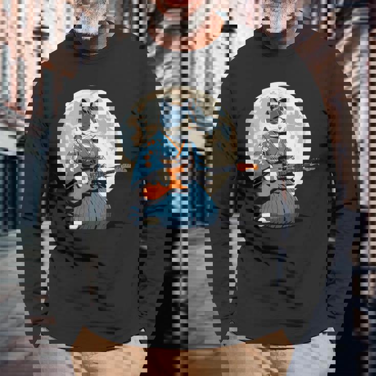 エレキギターを弾く日本猫 着物&猫ギター 長袖Tシャツ 高齢者への贈り物