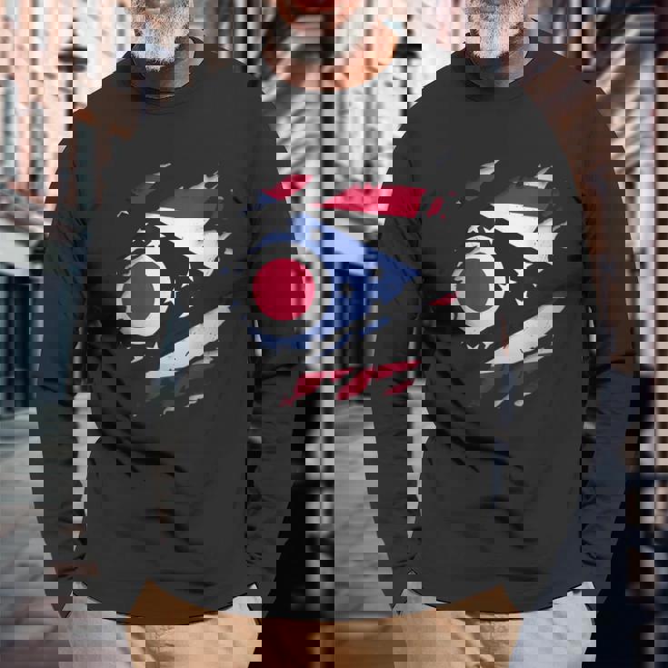 オハイオ州オハイオ州立大学 破れ加工 オハイオ州旗 長袖Tシャツ 高齢者への贈り物