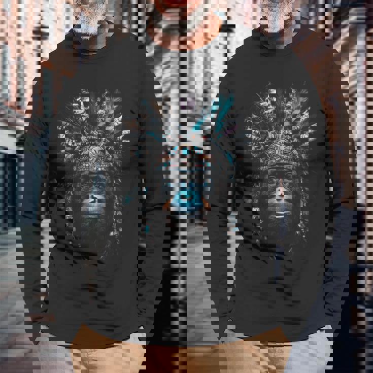 オランウータン ネイティブアメリカン ヘッドドレス 野生動物愛好家 長袖Tシャツ 高齢者への贈り物