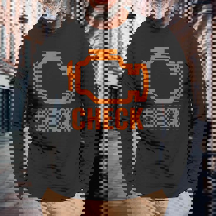 オレンジ色の車のエンジンダッシュボード警告灯 面白いメカニック。 長袖Tシャツ 高齢者への贈り物