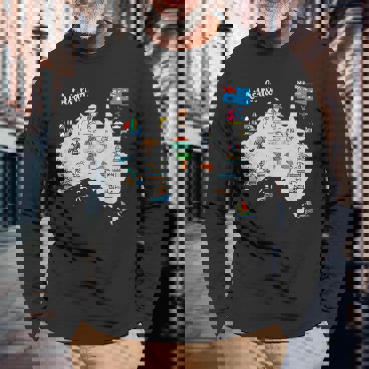 オーストラリアの地図。風景、動物、文化、シンボルのアイコン 長袖Tシャツ 高齢者への贈り物