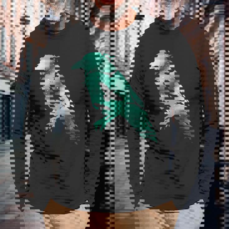 オーディンブラックカラスギフトバイキングレイヴンシルエット 長袖Tシャツ 高齢者への贈り物