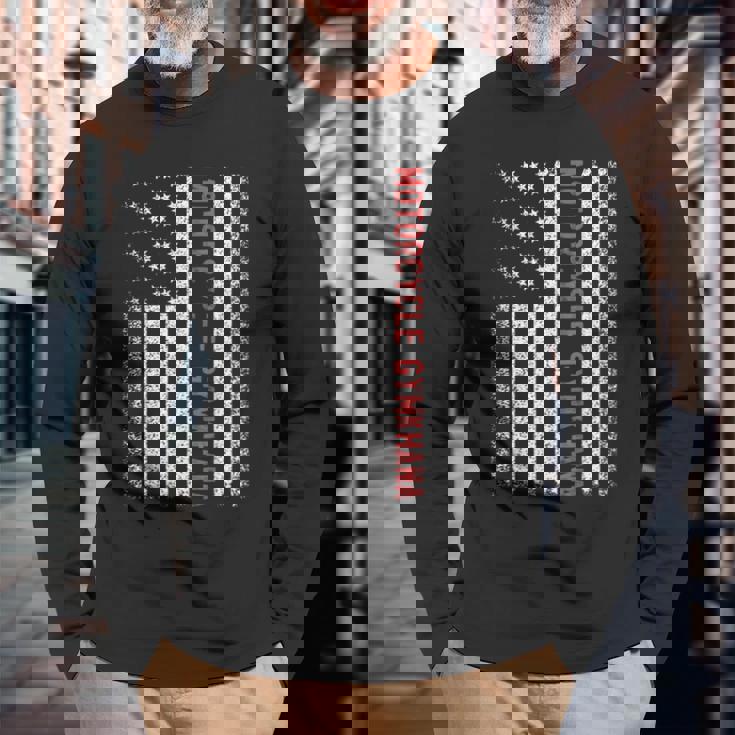 オートバイ ジムカーナ アメリカ国旗 7月4日 長袖Tシャツ 高齢者への贈り物